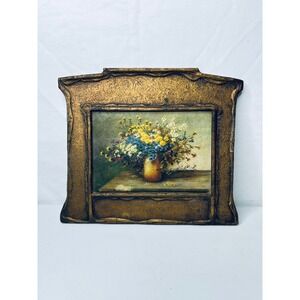 Vintage Floral Still Life Painting Ornate Textured Frame Wall Art